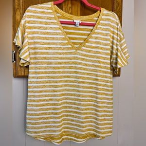 A New Day Yellow Striped Brushed Knit V-neck, Flutter sleeve Tee, Women’s S